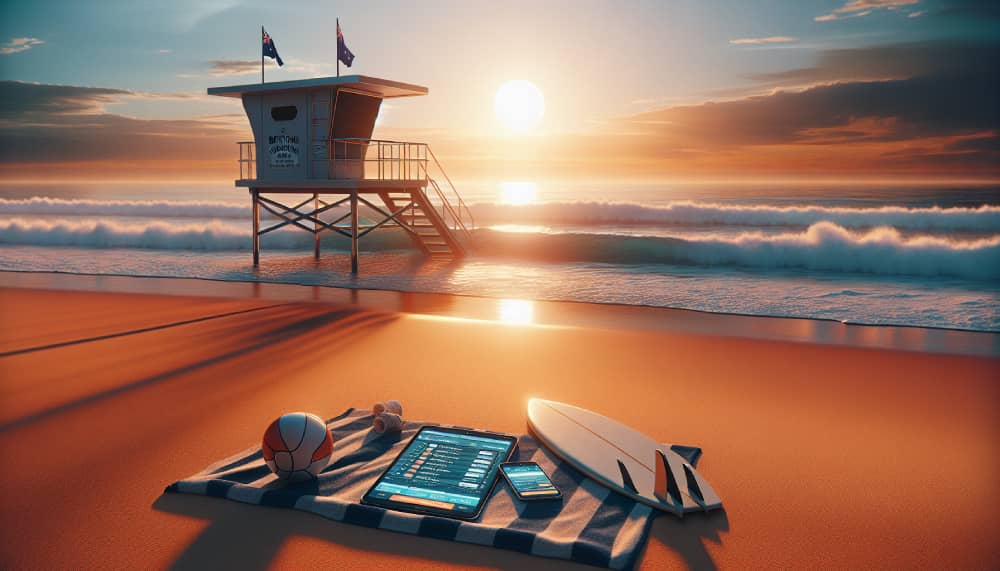 Sunrise over an Australian beach with a lifeguard tower showcasing betting culture symbols: a tablet with betting odds, a volleyball, sneakers, and a surfboard.