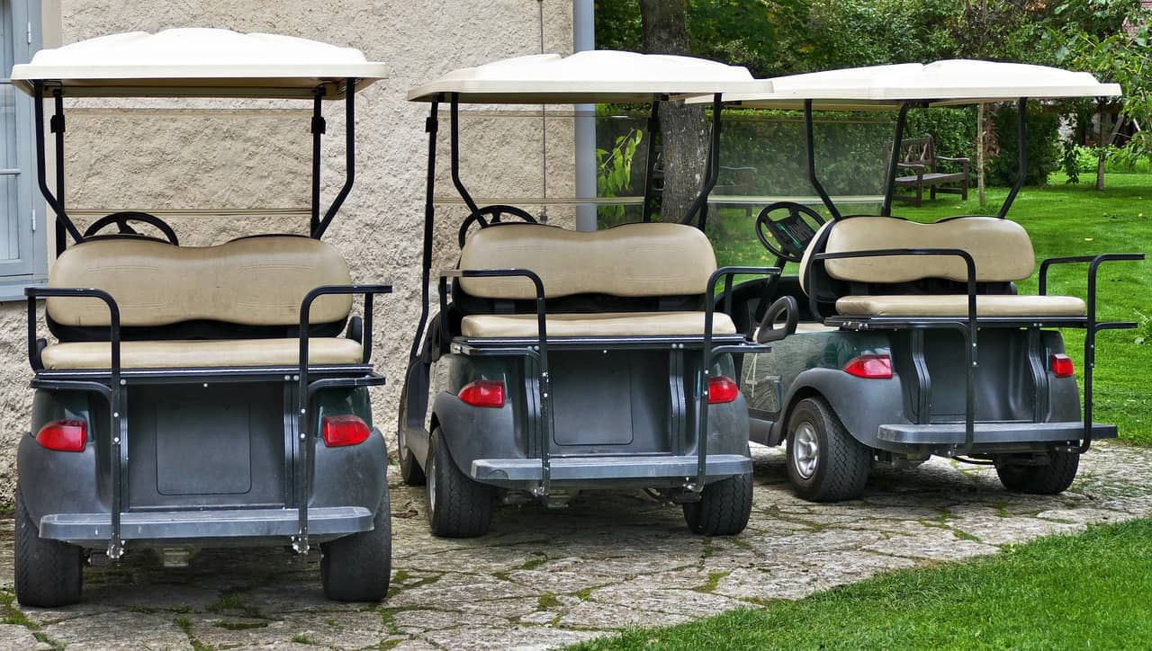 A row of golf carts parked and ready for use, symbolizing the practicality and convenience for golfers and outdoor enthusiasts.