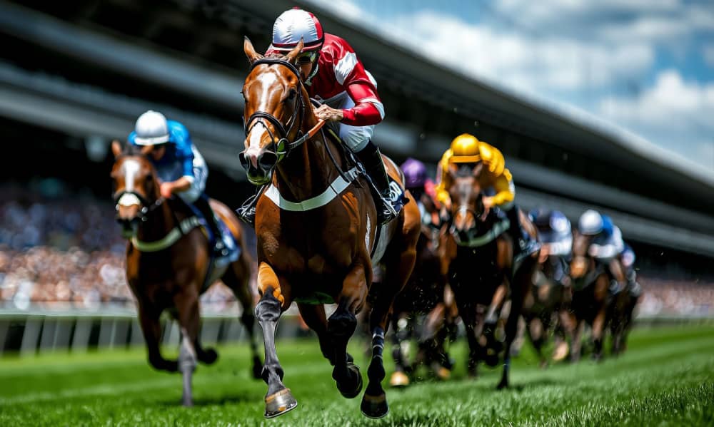 Horses racing on the turf during the Melbourne Cup, with the lead horse wearing red and white silks.