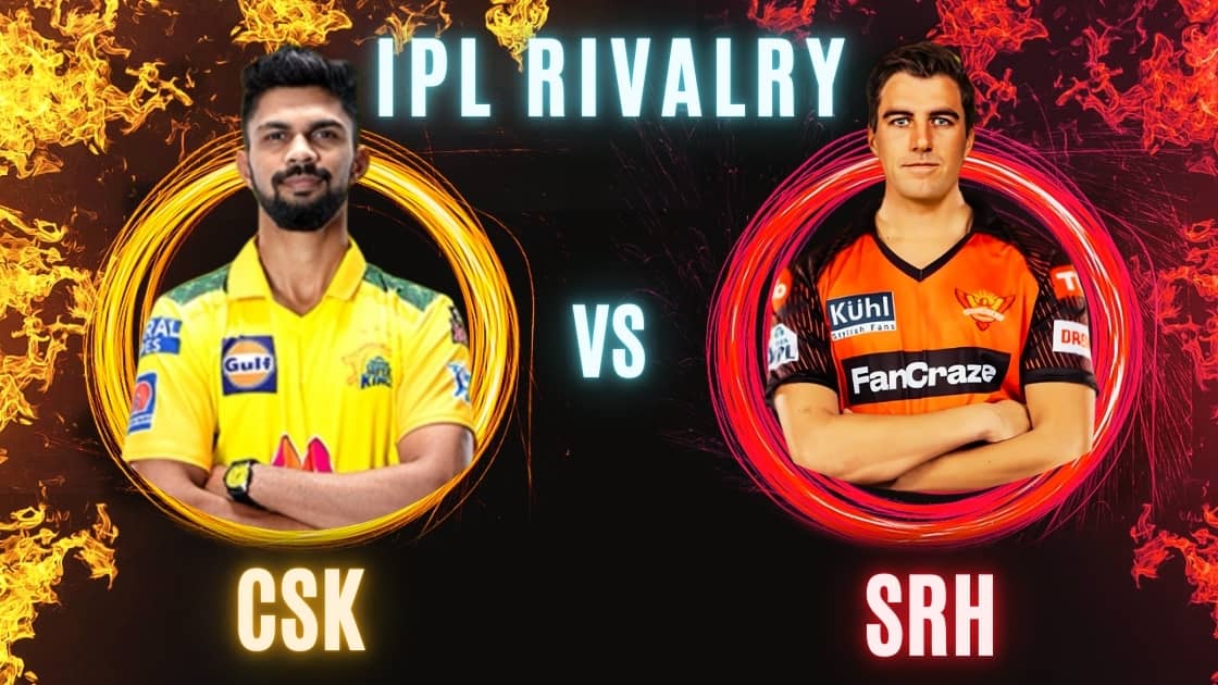 CSK vs SRH IPL rivalry featuring MS Dhoni and David Warner in action with a packed stadium and cheering fans.